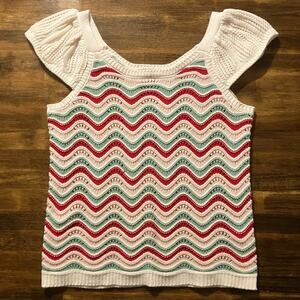 Kaily K Women’s Medium Crochet Top Ruffle Flutter Sleeve Cotton Blend Knit Boho